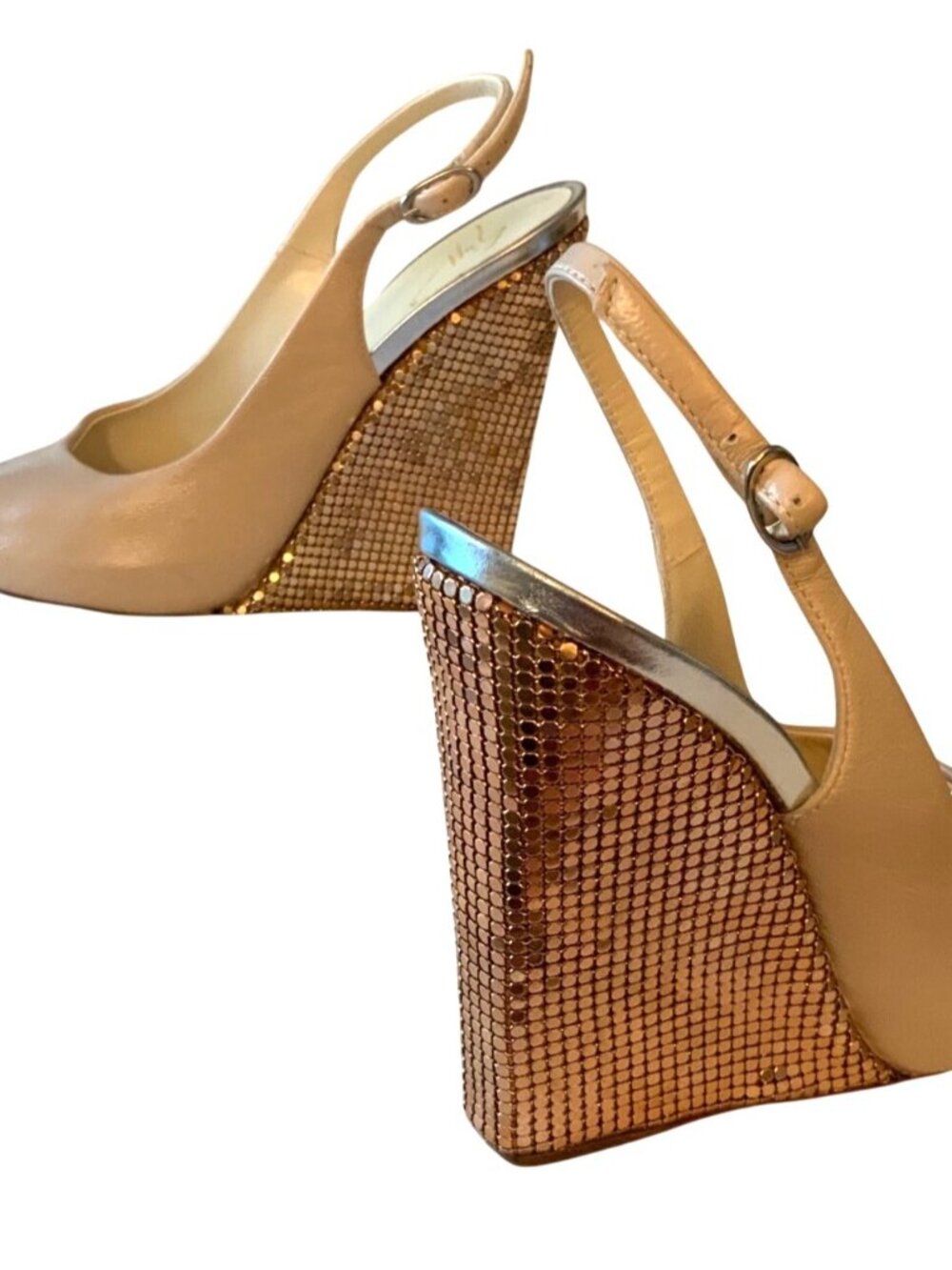 Giuseppe Zanotti Design Nude Leather Peep Toe Wedges With Gold Mesh Heels & Adju